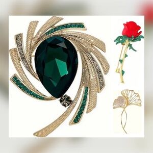 3pc Statement Brooch Bundle Emerald Green Swirl Rose Ginkgo Crystal Gold